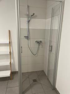 La salle de bains est pourvue d'une douche avec une porte en verre. dans l'établissement Ferienwohnung mit WiFi und 2 Schlafzimmern - b45533, à Ipsheim