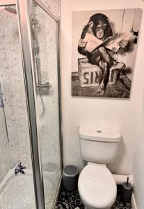 a bathroom with a toilet and a picture of a monkey playing a guitar at The Red Door Holiday Let Limavady in Limavady