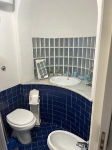 La Perla di Posillipo في نابولي: حمام من البلاط الأزرق مع مرحاض ومغسلة