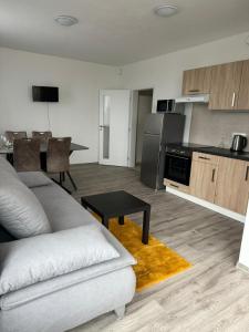 a living room with a couch and a kitchen at Sky Apartments 506 in Plzeň