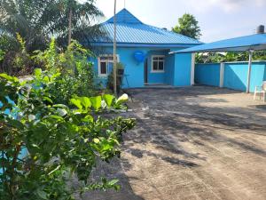 une maison bleue avec un toit bleu dans l'établissement Entire 3 Bedroom Bungalow - Home away from home, à Lagos