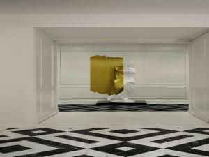 a rendering of a room with a yellow sculpture at SO/ Uptown Dubai in Dubai