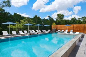 een zwembad met ligstoelen en parasols bij Hyatt Regency Conroe in Conroe