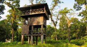a tree house in the middle of a field at Hotel Nepal Inn Sauraha in Sauraha