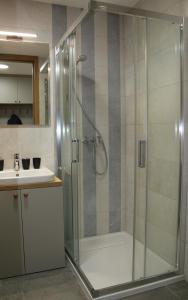 a bathroom with a glass shower with a sink at Ski Mont Apartment Jahorina in Jahorina