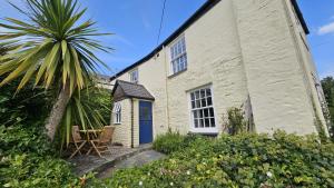 a white building with a blue door and a palm tree at Corner Cottage in Saint Mawes