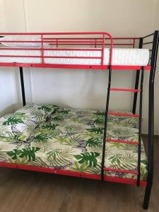 - un lit superposé rouge avec un couvre-lit vert et blanc dans l'établissement Cottage chaleureux avec jacuzzi, à Saint-François