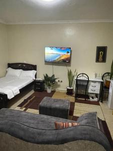 a living room with a bed and a tv on the wall at Zuhura homes in Ruiru