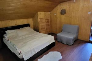1 dormitorio con 1 cama y 1 silla en Cabana Cotu lui Iepure, en Trăisteni