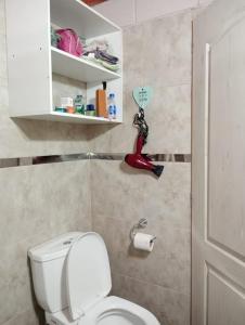 een badkamer met een wit toilet in een kamer bij Cabaña La Rosita in Villa Quillinzo