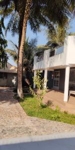 a white building with palm trees in front of it at Eli Ndatis Self Catering Apartments in Kololi