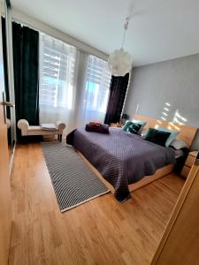 1 dormitorio con 1 cama grande en una habitación con ventanas en Apartment Banska - City Centre & Free Parking en Banská Bystrica