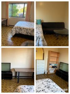 4 fotos de un dormitorio con cama y TV en Aspley bedroom & share bathroom with other guests, en Brisbane