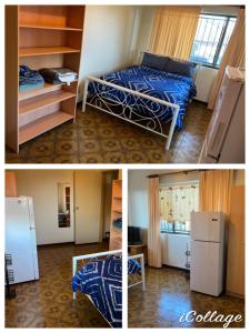 2 fotos de una habitación con cama y nevera en Aspley bedroom & share bathroom with other guests, en Brisbane