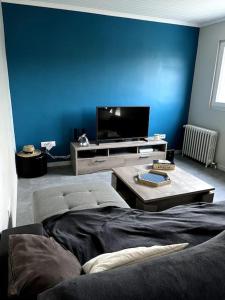 een woonkamer met een blauwe muur en een tv bij Maison avec jardin 