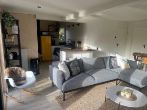sala de estar con sofá gris y cocina en Moderne bungalow voor 6 personen, en Julianadorp