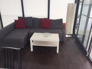 ein Wohnzimmer mit einem Sofa und einem Tisch in der Unterkunft FLOATING 44 Xanten - Haustiere möglich in Xanten