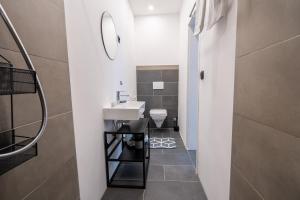 ein Bad mit einem Waschbecken und einem WC in der Unterkunft MIRA StudioApartments NEU in Castrop-Rauxel