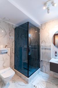 uma casa de banho com uma cabina de duche em vidro e um WC. em Hotel Luxor em Medgidia
