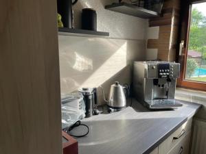 a kitchen counter with a coffeemaker and a coffee maker at Apartment Bella Petit in Rinderbügen