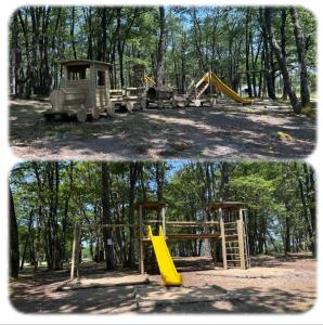 two pictures of a playground in the woods at Camping les petites minaudières in Les Naux