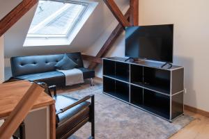 uma sala de estar com um sofá e uma televisão em Große familienfreundliche Wohnung in Dresden em Dresden