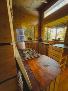 a kitchen with a stove in a wooden cabin at Cabañas Los Cantos del Chucao in Puerto Varas