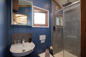 un bagno con lavandino e doccia di The Acorn - Luxury Shepherds Hut hot tub panoramic views a Bradpole Altre 37 foto