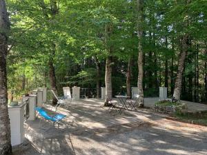 un patio con sillas, mesa y árboles en Villa La Faggetina en Gambarie dʼAspromonte