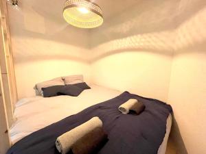 2 Betten in einem kleinen Zimmer mit Kronleuchter in der Unterkunft MER-Veilleux Repos **** in Palavas-les-Flots