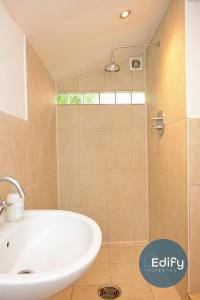 a bathroom with a white sink and a shower at Spacious Flat In City Centre With Garden in Southampton