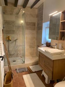 a bathroom with a shower with a glass door at F&B's Garden 10 min Disneyland Paris in Montry