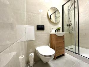 グダニスクにあるMMRent New York Roomのトイレ、洗面台、鏡を備えたバスルーム