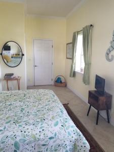 Schlafzimmer mit einem Bett, einem Spiegel und einem Fenster in der Unterkunft Lakeview bed & breakfast in Freeport
