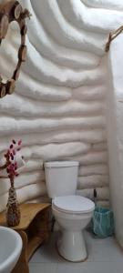 baño con aseo y pared falsa en DOMOS PUJLLAI San Pedro de Atacama en San Pedro de Atacama