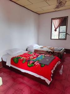 two beds in a room with a red carpet at Somewhere over the river in Ban Houayxay