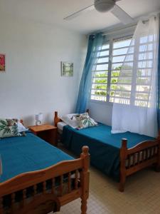 two beds in a room with a window at Villa Flora, escapade champêtre in Petit-Canal