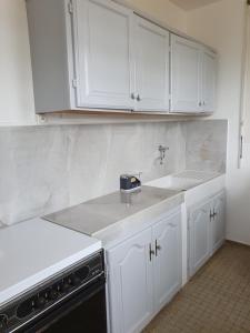 a kitchen with white cabinets and a sink at Villa Flora, escapade champêtre in Petit-Canal