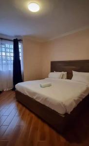 um quarto com uma grande cama branca e uma janela em C & T luxury apartments em Nakuru