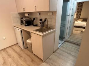 a small kitchen with a sink and a microwave at Studio flat in the center of Budapest in Budapest