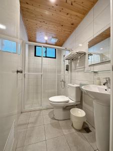 a bathroom with a toilet and a shower and a sink at 9 Tan Yuan Homestay in Jiaoxi