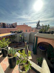einen Balkon mit Topfpflanzen auf dem Dach in der Unterkunft Riad Hna Ben Saleh in Marrakesch