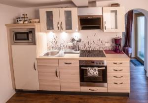 a kitchen with a stove and a sink at Unser Studio-Apartment "Wohlfühloase" in Oranienburg