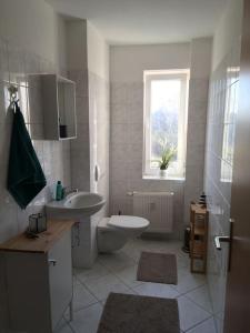 a bathroom with a sink and a toilet and a window at Peenekoje in Peenemünde