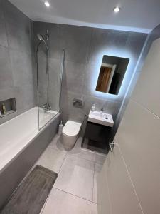 a bathroom with a toilet and a sink and a shower at Blue London Rooftop in London