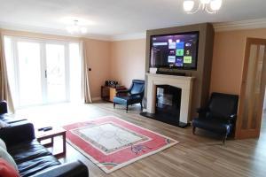 a living room with a couch and a fireplace with a tv at Lyndale House - North Norwich suburbs in Norwich