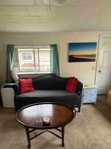een woonkamer met een zwarte bank en een salontafel bij Beach Cottage on North Beach in Hampton