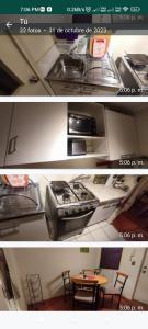 two pictures of a room with a table and a kitchen at Departamento chillan viejo in Chillán