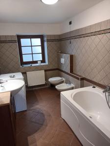 een badkamer met een bad, een toilet en een wastafel bij Appartamento Robert Arabba in Livinallongo del Col di Lana
