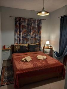 um quarto com uma cama com duas toalhas em Αγ Νικόλαος Karthaia em Elliniká